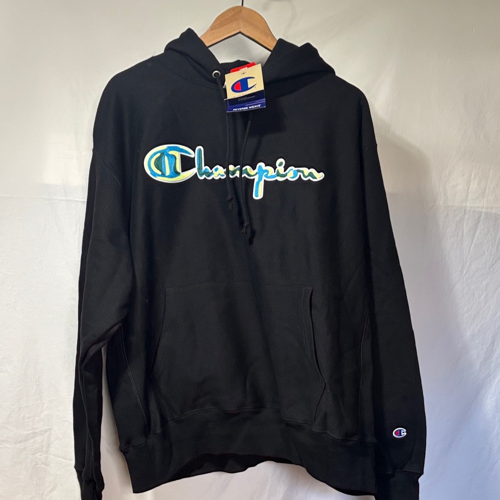 Champion Black Hoodie with Blue and White Logo Large